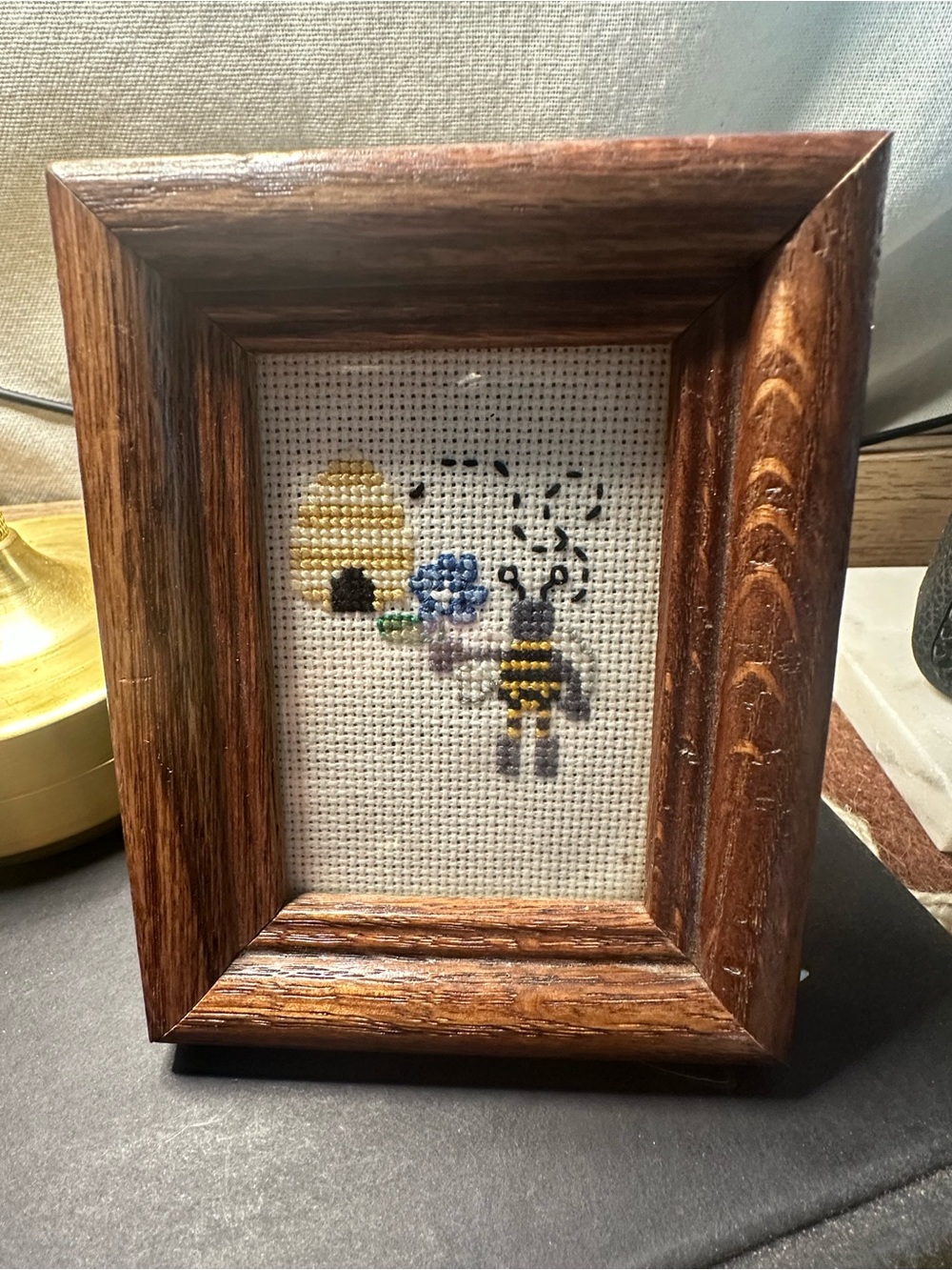 Vintage wood framed Bee Cross-Stitch Home Accent 4”x4” marks to frame as shown